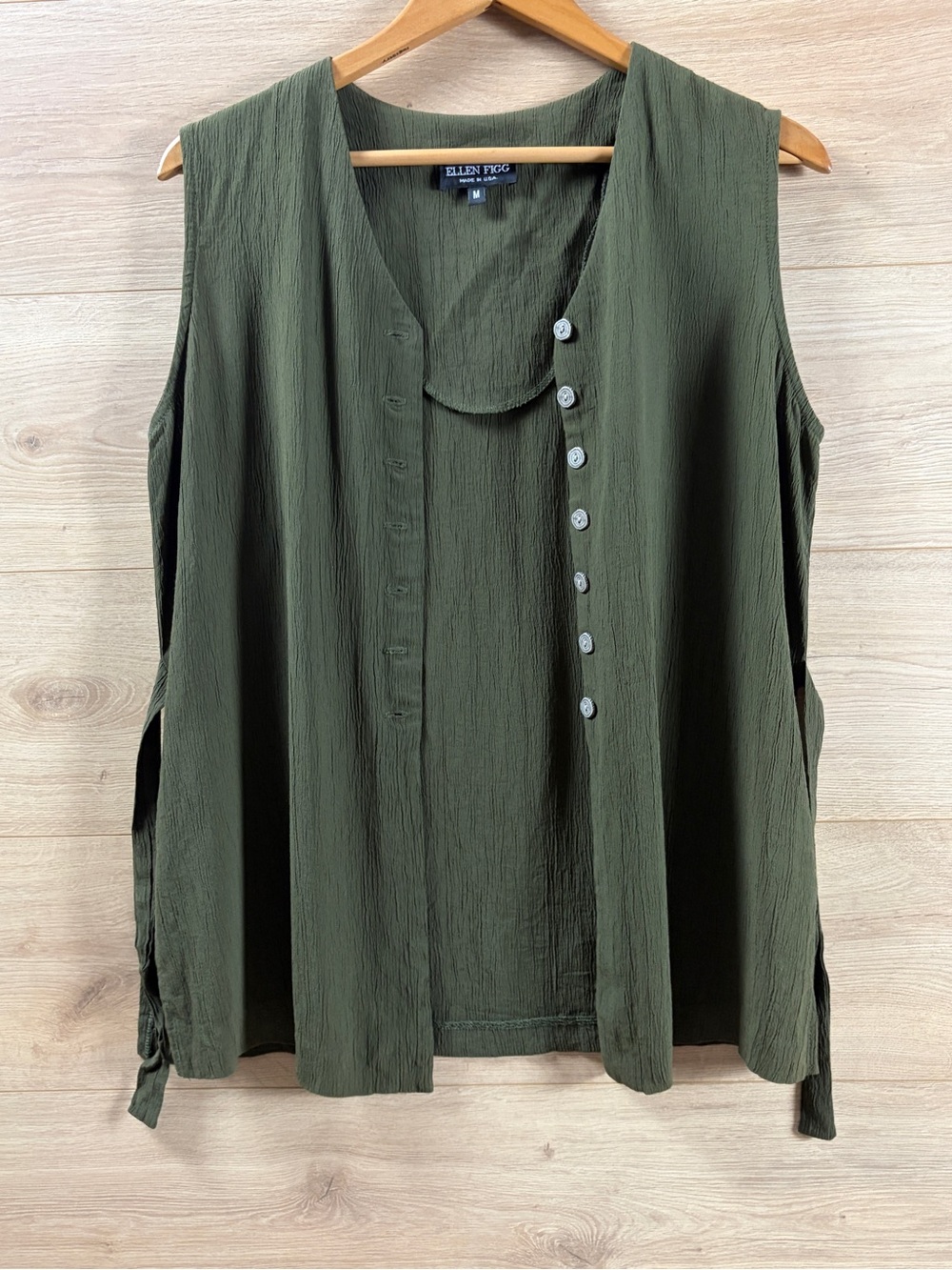 Ellen Figg Vintage Green Button Up Sleeveless Vest Medium Made in USA